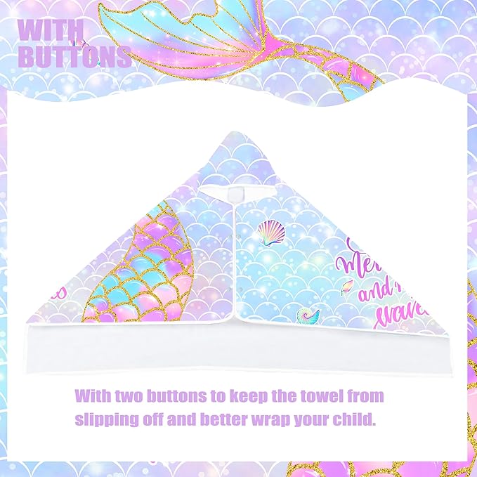 Mermaid Hooded Beach Towel for Girls - Kids Poncho Towel With Tail, Soft Absorbent Bath Towel With Hood, Pink Scales, 30"x50" - Bathrobe for Swim Pool Bath