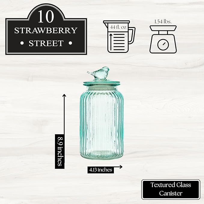 10 Strawberry Street Textured Glass Bird Canister, Ribbed Round, Blue, Set of 2