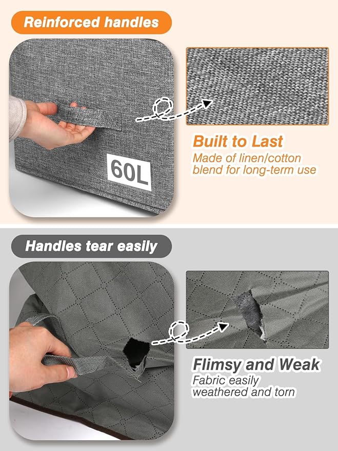 60L Blanket/Comforter Storage Bag w/Rigid Side & Bottom Support, Stackable Clothes Storage Bin for Sweaters Bedding Sets Quilts Pillows, Closet Organizer, 21.7x14.2x11.8in, 2 Pack, Gray