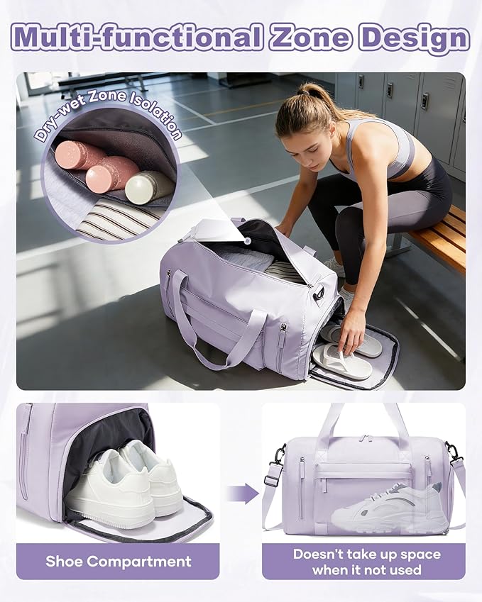 Gym Bag for Women,Travel Duffel Bag with Shoes Compartment Personal Item Carry On Overnight Bag for Mens Weekender Bag Training Handbag Sports Gym Tote Bag Yoga Bag Purple