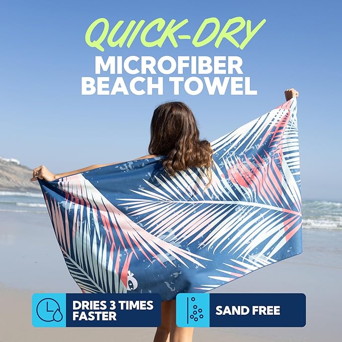 SUN NINJA Microfiber Beach Towel - Sand Free, Quick Dry, Lightweight & Compact for Beach, Pool, Yoga and Camping - 63x32 inch Super Absorbent, Large Sand Free Swim Towels for Adults and Kids
