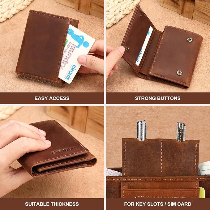 Trifold Mens Wallet with Chain, Genuine Leather Wallet RFID Blocking Anti-Theft Chain for Biker, Motorcycle (Brown Color)