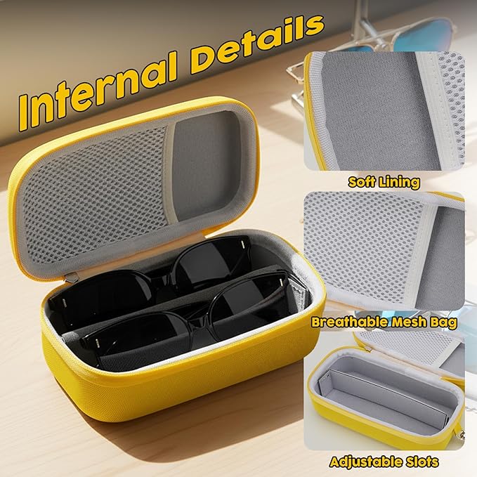 Double Eyeglasses Case,Hard Shell Glasses Case Travel Sunglasses Organizer with Adjustable Slot & Clip for Men Women