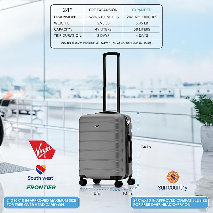 Flight Knight 24x16x10 Expandable Carry On Suitcase Hardside TSA Lock USB C Lightweight Luggage Silent Double Spinner Wheels Maximum Overhead Carry-On Bag For Virgin South West Approved Charcoal