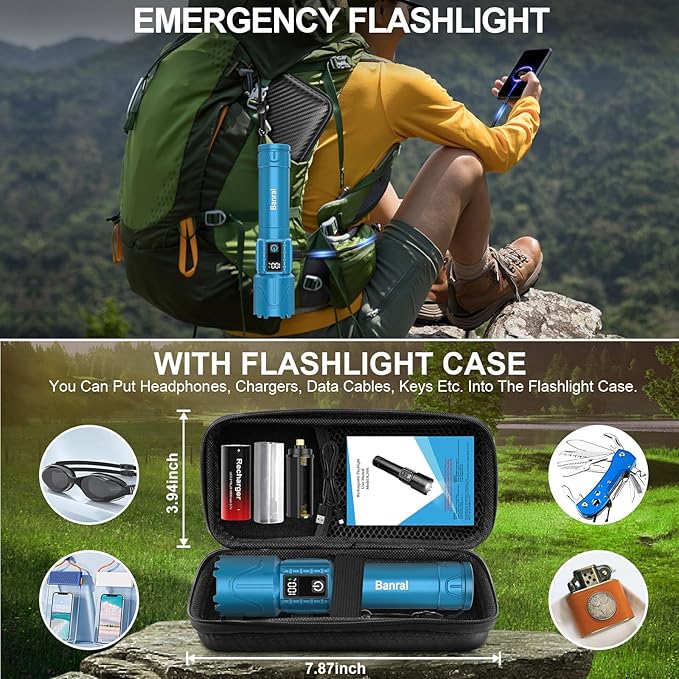 Rechargeable Tactical Flashlights 2000 High Lumens - 5000mAh Super Bright LED Powerful Flash Light, Waterproof Handheld USB C Flashlight for Home,Car,Camping,Emergencies,Zoomable (1, Turquoise)