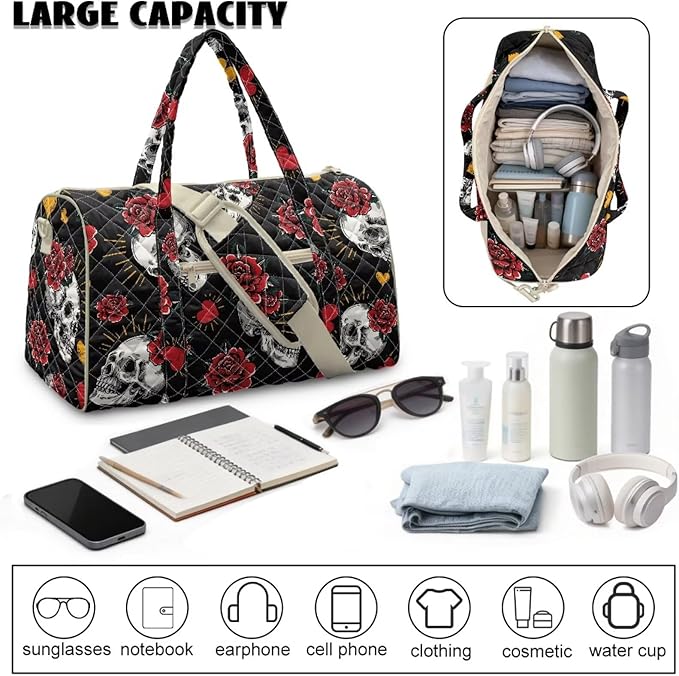 COEQINE Black Red Rose Skull Goth Quilt Duffle Bag for Women Travel Halloween Purses for Womens Quilted Tote Bag For Women Duffel Bag Lightweight Weekend Bag with Zipper Pocket Dance Bag Organizer