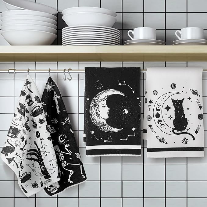 Bencailor 6 Pcs Gothic Kitchen Towels Skull Tarot Dish Hand Towels Skeleton Moon Cat Witchy Tea Washcloth for Bathroom Kitchen Goth Decor Party Gifts 24 x 16''