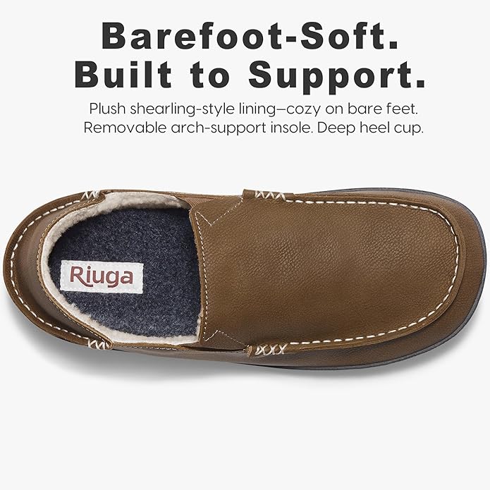 Men’s Premium Everyday Moccasin Slippers Crafted Leather Upper Plush Shearling-Style Lining Removable PU Arch Support Insole with Deep Heel Cup Non-Slip Non-Marking Rubber Sole Fold-Down Heel Indoor Outdoor