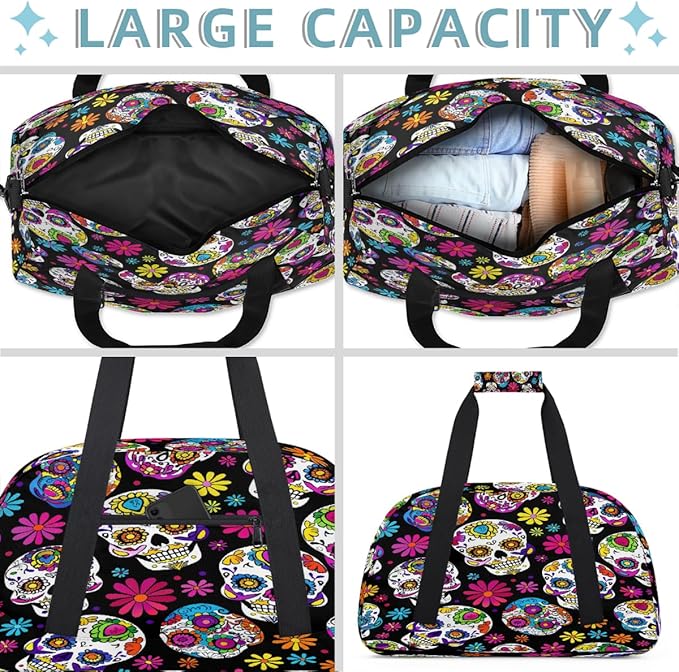 Gym Bag for Women Men, Floral Sugar Skulls Travel Duffle Bags for Dance Ballet Overnight, Carry-On Weekender Bag with Detachable Shoulder Strap