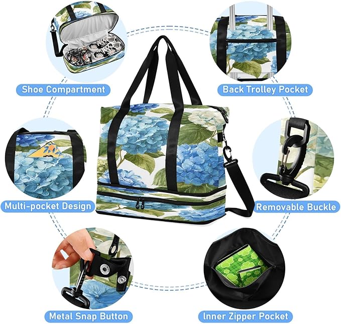 Travel Duffel Bags for Women Watercolor Hydrangea Floral Sports Duffel Bags Gym Bags with Shoes Compartment Tote Bag Weekender Bag for Travelling