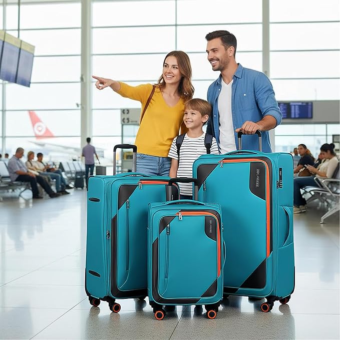 3-Piece Softside Expandable 20% Luggage Set with Front Open Pocket,Softside Suitcases w/Spinner Wheels,Lightweight Durable Rolling Luggage w/TSA LOCK（SkyBlue,22in/28in/32in）