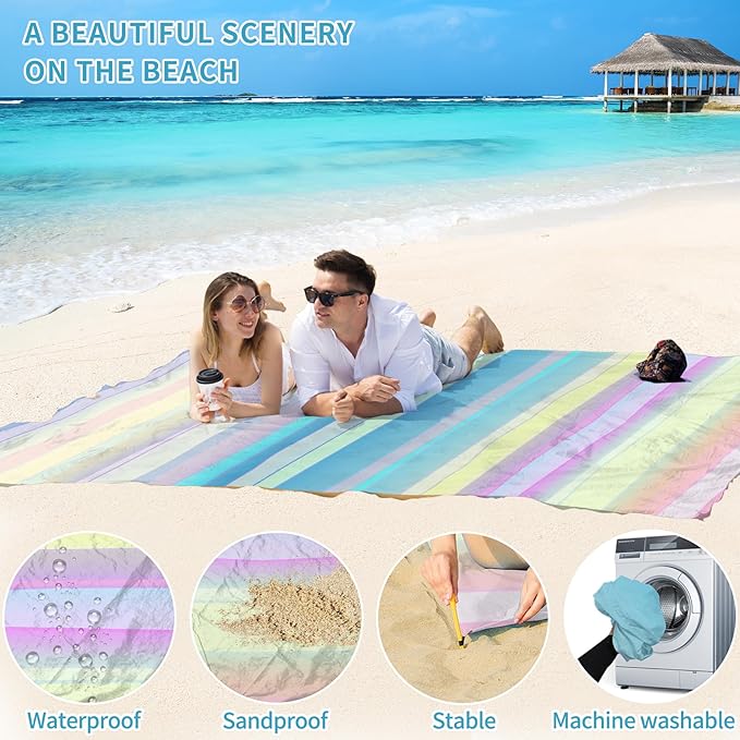 BYDOLL Beach Blanket Waterproof Sandproof 78''×81'' Suits1-4 Adults Compact Lightweight Oversized Sand-Free Blanket Large Picnic Mat for Beach Travel Camping Hiking