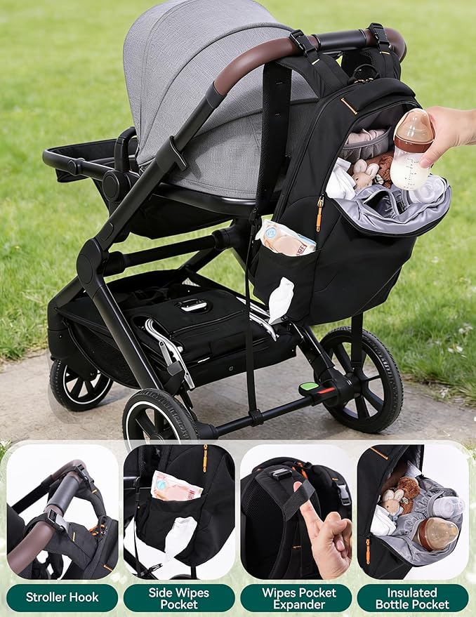 BABELIO Grid Wizard Diaper Bag Backpack - Multi Function Waterproof Diaper Bag, Travel Essentials Baby Bag with Insulated Bottle Holders, Baby Shower Gifts, Black