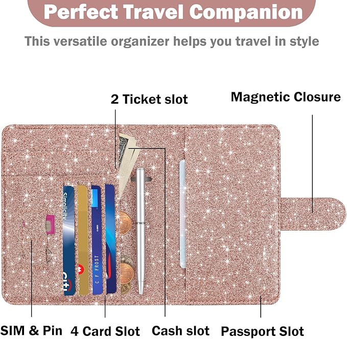 HOTCOOL Passport Holder Travel Essentials Airplane & Cruise Essentials Ship Leather Wallet Cover Case RFID Blocking Women & Men Vacation Travel Accessories Gifts Deals, Glitter - Rose Gold