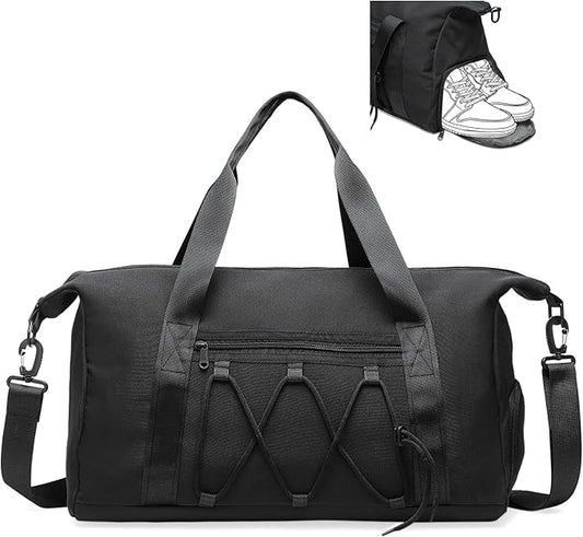 Lightweight Gym Bag for Men & Women, Water Resistant Sports Duffel Bag with Shoe Compartment & Wet Pocket for Travel Weekender & Fitness, Black