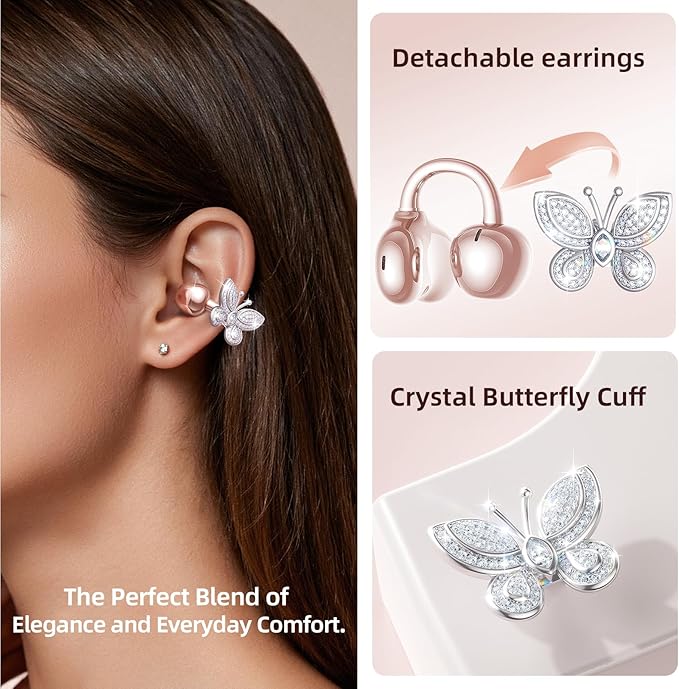 Kinglucky ClipFree Open-Ear Headphones with Butterfly Earrings, Ultra-Comfort & Snug Fit Clip On Earbuds, 50H Playtime Bluetooth 6.0 Wireless Headphones for Women Sports,Glasses Gifts (Rose Gold)