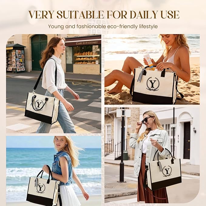 Personalized Canvas Tote Bag for Women Makeup Pouch Initial Beach Bag Removable Bottom Board for Travel Birthday