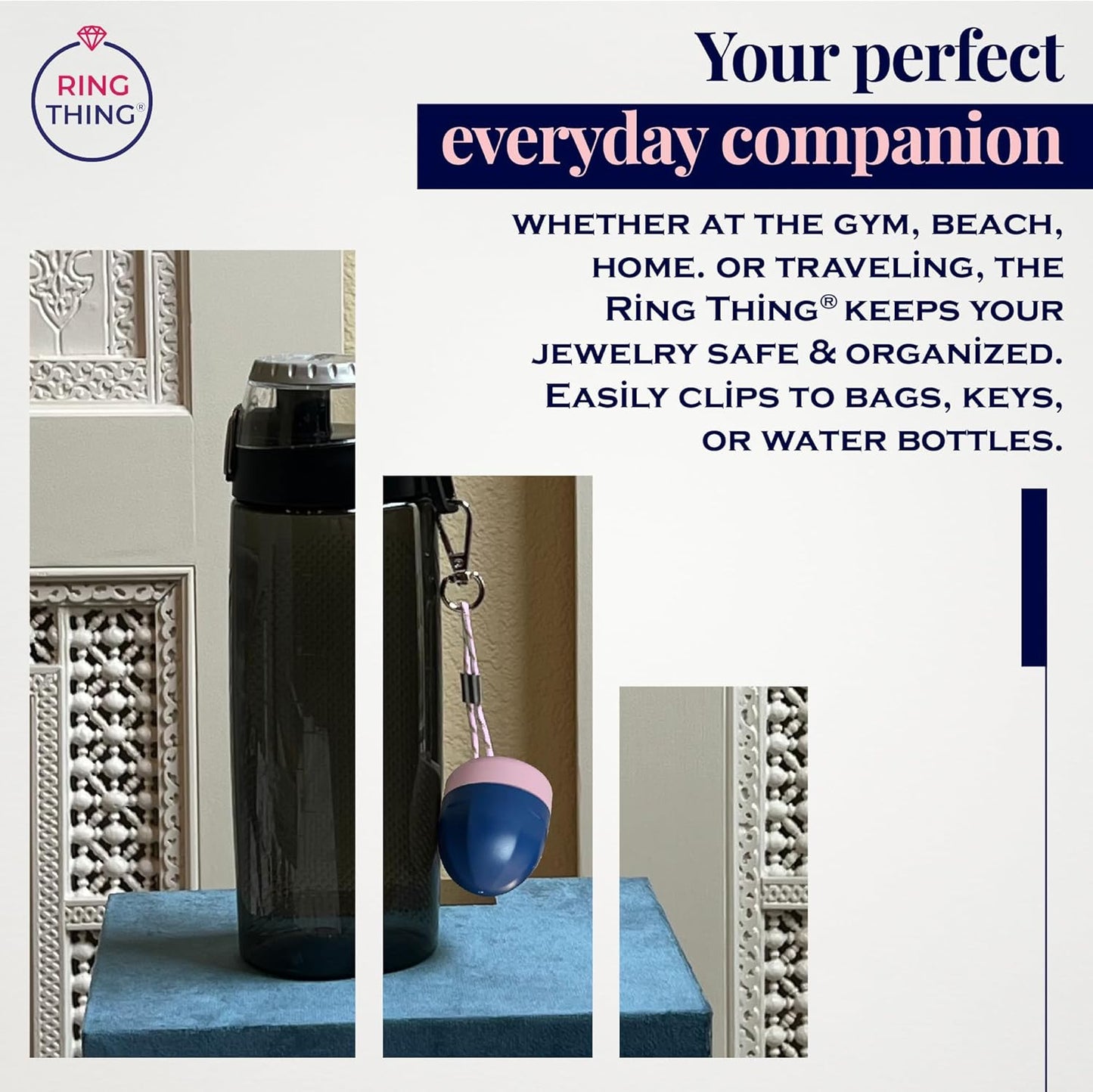 RING THING - Ring Holder Keychain, Jewelry Organizer and Storage, Portable Waterproof Ring Holder, Pill Box Keychain Container, Gym Accessory, and Travel Ring Case (Pink & Blue)