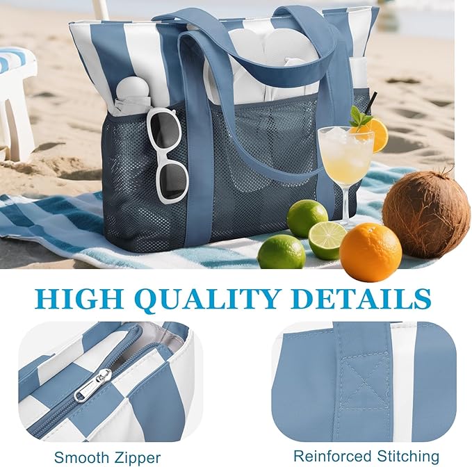 VASCHY Beach Bag for Women, Foldable Waterproof Sandproof Beach Tote with Zipper/Mesh Pockets for Vocation/Cruise/Gym/Travel