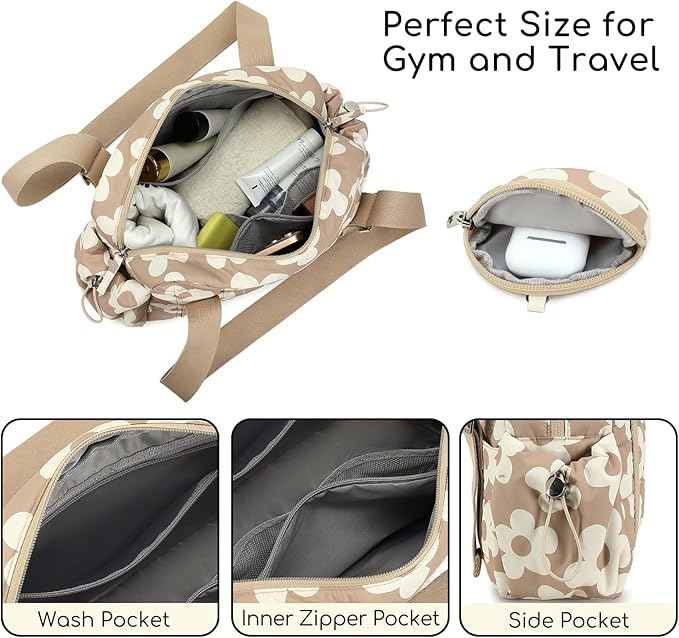 CAMTOP Mini Gym Bag for Women, Small Gym Tote Bag Puffy Quilted Sports Duffel Bag with Wet Compartment and Coin Purse Duffel Bags Dance Yoga Workout Bag for Gifts (Brown Flower, Mini-12.6")