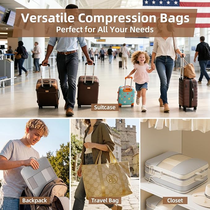 6 Set Compression Packing Cubes, Travel Packing Organizers with Breathable Mesh, Space-Saving Lightweight Portable Storage Bags Set for Travel Accessories Luggage Suitcase Backpack, Grey