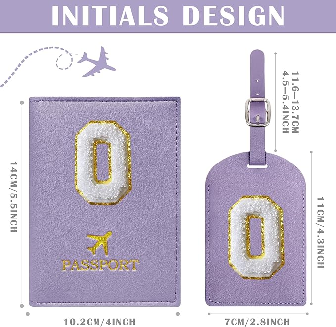 COSHAYSOO Purple Passport Cover and Luggage Tag Set TSA Approved with Her Initial Chenille Letter Patch, Trendy Traveling Bag Backpack Suitcase Identifier Christmas Gifts for Women Girls (O)