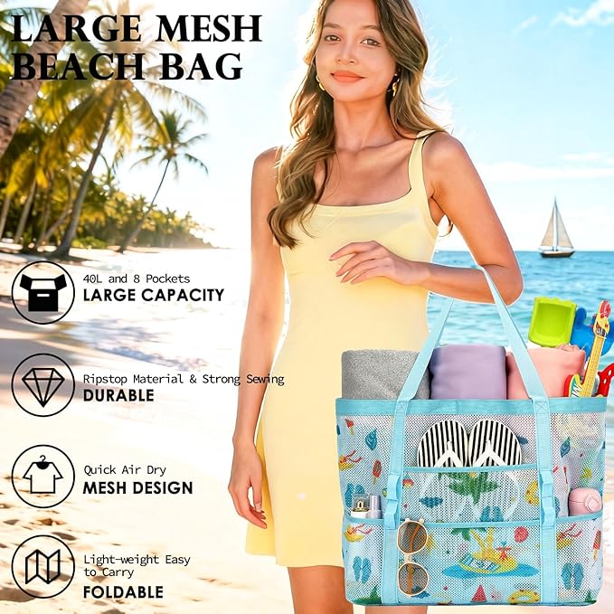 Mesh Beach Bag, Large Beach Tote with Zipper Pocket, Toys Pool Bag for Family Travel Vacation Cruise Essentials
