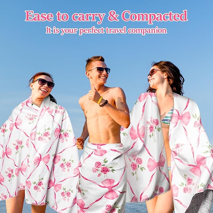 Pink Bow Oversized Beach Towel - Flower Double-sided Thin Microfiber Lightweight Pool Towel 71"x35" Quick Dry Towel Sand Free Blanket for Bath Sport Travel Beach Swimming Camping for Girl Women