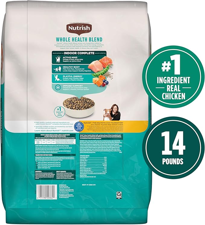 Nutrish Indoor Complete Chicken, Lentils & Salmon Recipe Dry Cat Food 14 lb. Bag, Packaging May Vary (Rachael Ray)