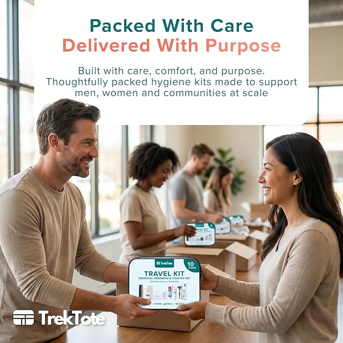 Trektote 10 Piece Travel Hygiene Kit with Toiletries & Dental Essentials, TSA-Compliant, Clear Cosmetic Bag, Single or Bulk Packs