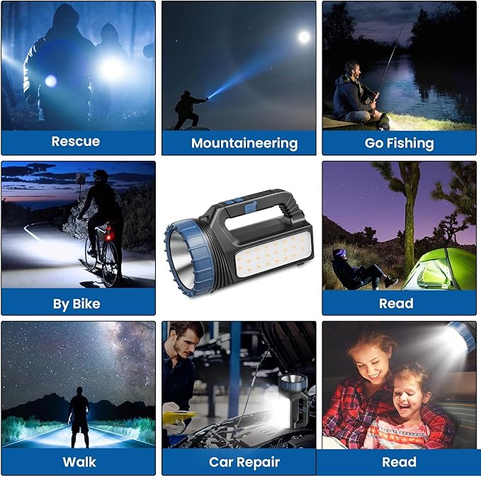 Solar Flashlight，Solar Powered Flashlight for Multi Function 8000 Lumens with Emergency，Portable Bright Camping Rechargeable Flashlights for Home, Outdoor Hiking, Power Outages