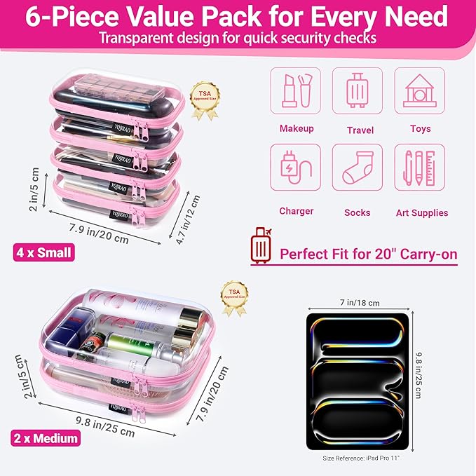 6 Pack Clear Hard Shell Zipper Case, Hard Plastic Organizer Pouches for Travel, Small Items, Makeup, Electronics & Art Supplies - Crush-Resistant & Waterproof Storage (Pink)