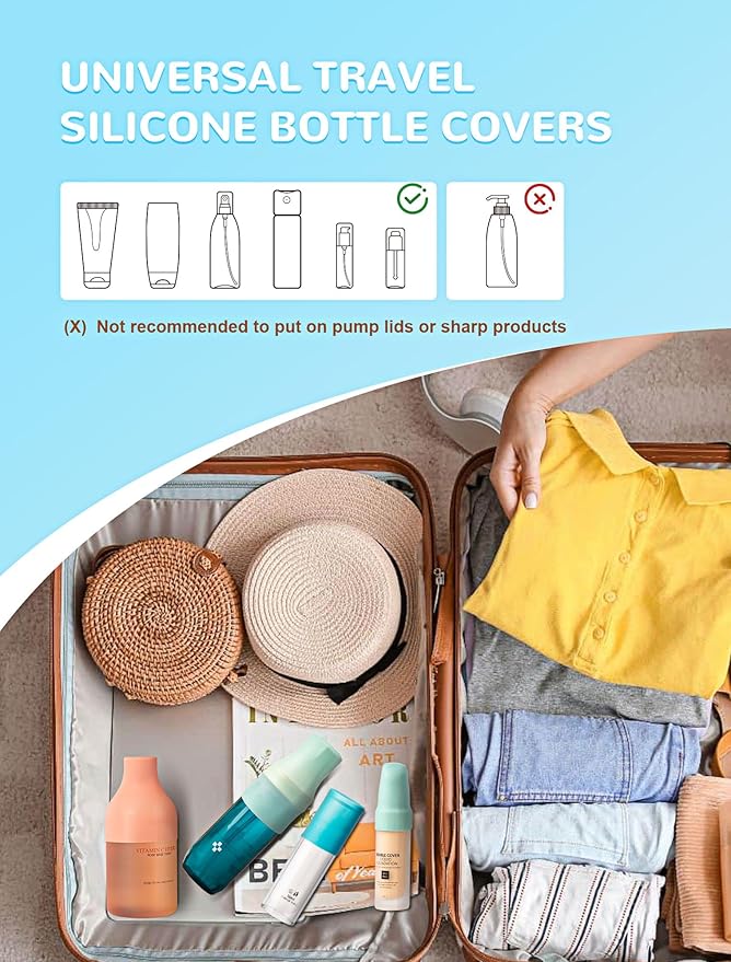 12 Pack Silicone Bottle Covers, Travel Essentials for Women Men, Elastic Sleeves for Leak Proofing, Beach Vacation Essentials, Cruise Essentials 2025, Colorful Airplane Travels Accessories