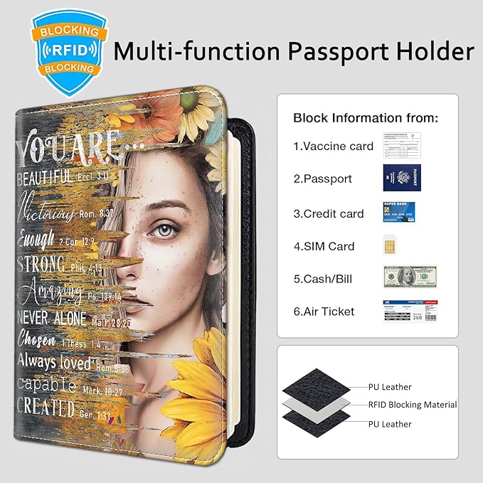 Passport Holder Women Wallet with Luggage Tag, Leather Passport Cover with RFID Blocking, Travel Accessories Multi Card Slot Passport Case for Men，Sunflower Girl Inspirational Quotes
