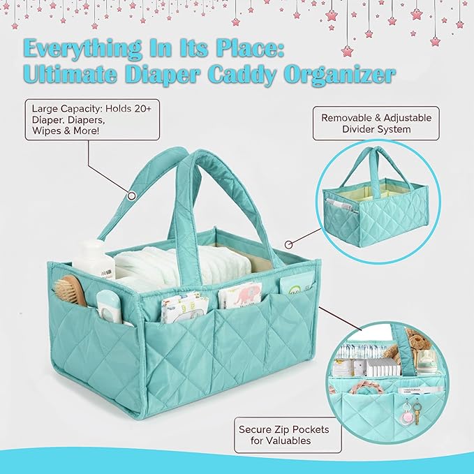Baby Diaper Caddy Organizer, Nursery Storage Basket for Newborn Essentials, Travel Baby Basket for Diapers Baby Wipes, Organizer Tote Bag Storage Bin, Baby Shower Gifts (Mint Green)