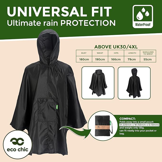 ECO CHIC Waterproof Hooded Rain Ponchos for Adults, Foldable Adult Poncho with Pocket, Lightweight Reusable Raincoat