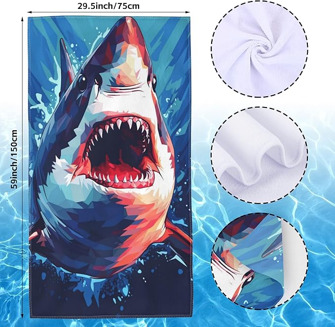 Microfiber Beach Towels,Watercolor Wild Animal Shark in Deep Sea Oversized Absorbent Bath Towels,Soft Quick Dry Thin Camping Towel for Adults Women Men,29.5"×59"