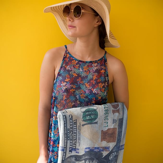 $100 Bill Money Beach Towel 30”x60” - Soft Cotton Velour, Highly Absorbant, Fast Drying, Easy-Pack for Spring Break, Vacation, Beach, Pool or Sunbathing - Lightweight, Compact for Travel-Novelty Gift