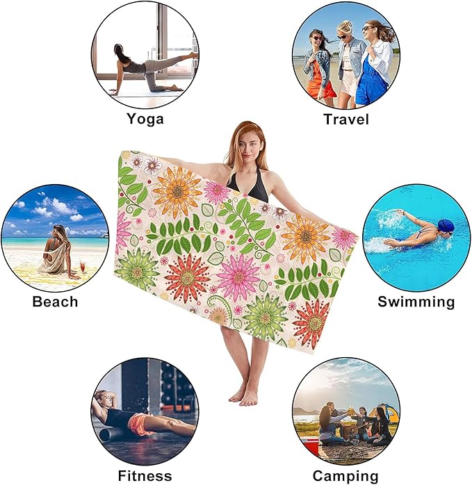 Floral Beach Towel,Spring Colorful Vivid Floral Flowers Lightweight Compact Sand Free Quick Dry Oversized Pool Swimming Towels for Girls Women Adults,29.5"×59"