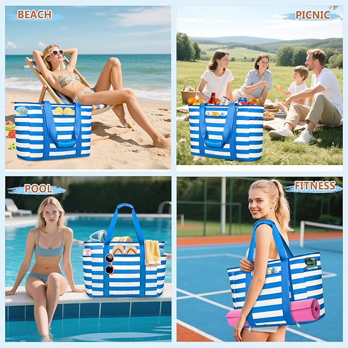 Extra Large Beach Bags for Women, Waterproof Sandproof Beach Tote Bag Foldable Swim Pool Bag with Zipper and Wet Pocket