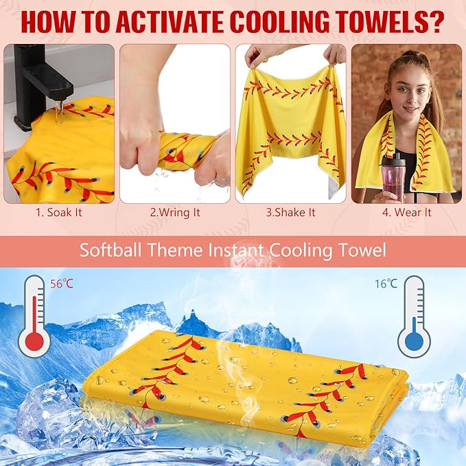 12 Pcs Mini Softball Cooling Towel with Snap Loop, 30" x 9" Cooling Towel for Neck and Face Breathable Chilly, Microfiber Sport Rags for Softball Team Gift, Cold Sweat Rag for Sport