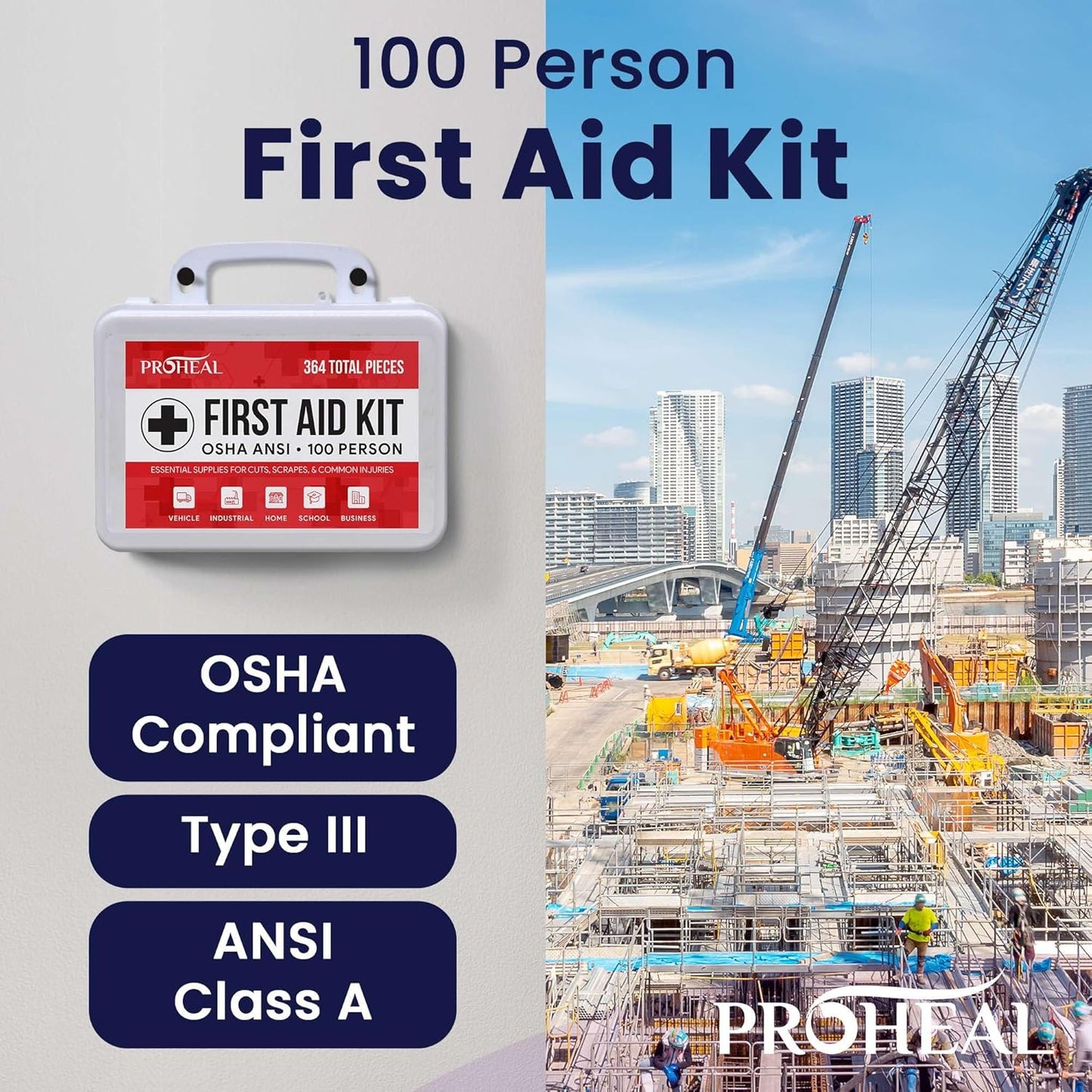 100 Person OSHA Compliant First Aid Kit for Businesses, Vehicles, Trucks, Construction Site - Type III, ANSI Class A Emergency Kit - 364 Piece Essential First Aid Supplies