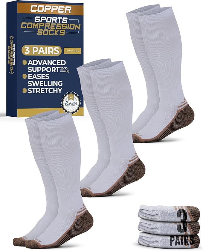 Pembrook 3 Pairs Copper Mens Compression Socks 20-30 mmHg, Running, Hiking, Athletic Cycling, Travel | Circulation Support