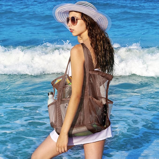 Tavaleu Mesh Beach Bag - Large Beach Tote with Multi Functional Pockets for Family Travel/Vacation