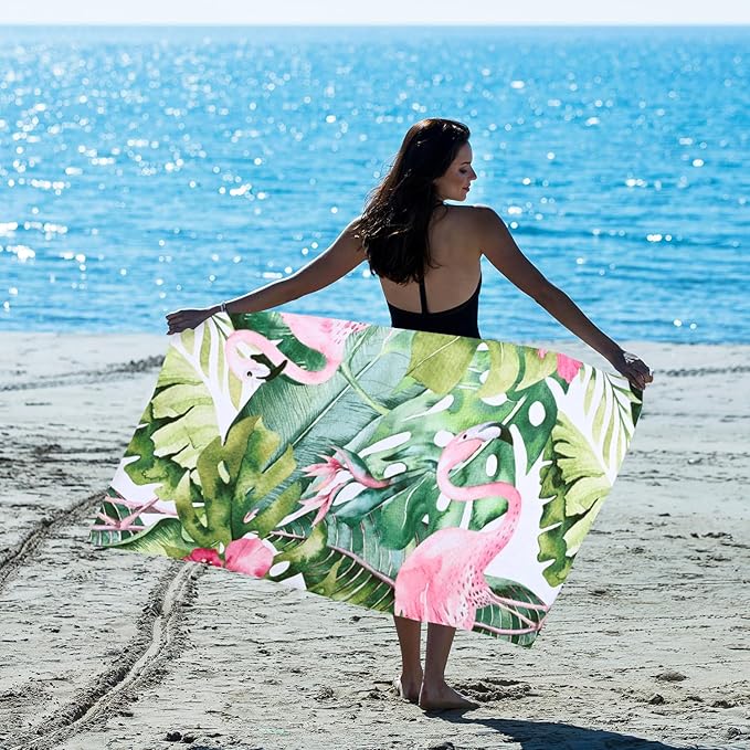 LIVILAN Flamingo Beach Towel, 30" x 60" Microfiber, Quick Dry, Sand Free, for Pool, Bath, Yoga, Tropical Design, Great for Girls, Women, Flamingo Gifts