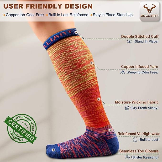 BULLIANT Men Compression Socks 3Pairs-Knee High Socks 15-20 Pressure Unise- Cushioned Sole Extra Wicking