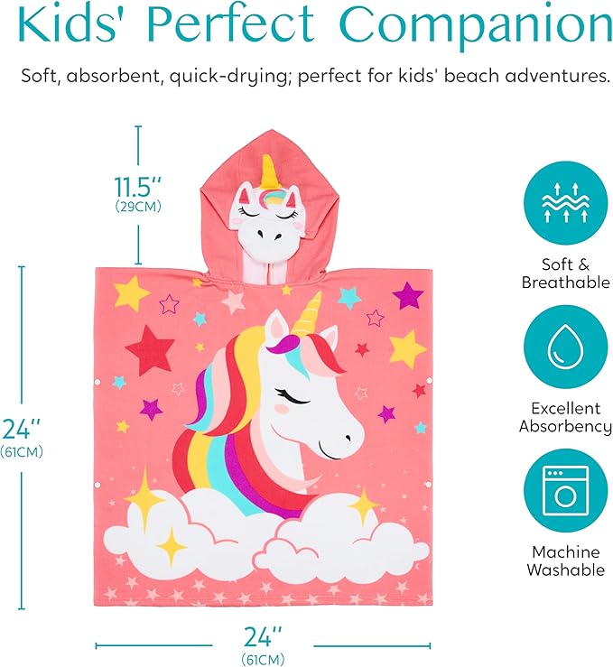 Joiedomi Kids Beach Towels with Hood for Girls Pink Unicorn Hooded Toddler Bath Towel Quick Dry Soft Microfiber 24"x24"