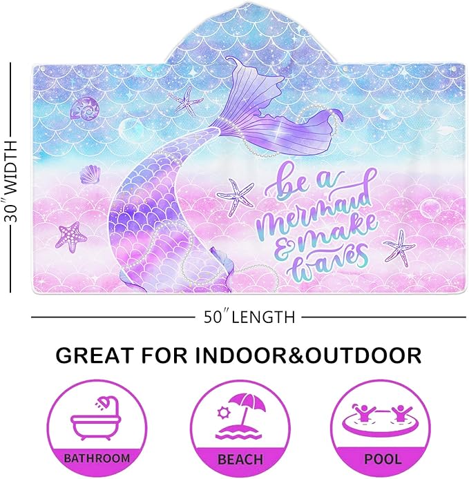 Bonsai Tree Mermaid Kids Beach Towel with Hood, Mermaid Tail Microfiber Hooded Poncho Towel for Girls 30”x50”, Mermaid Scales Pink Soft Absorbent Bath Towels Bathrobe for Swin Pool