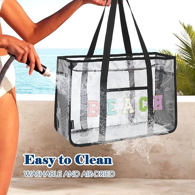 Clear Beach Bag for Women, Large Pool Tote Cruise Vacation Essentials - Zipper Closure, Waterproof, Sandproof