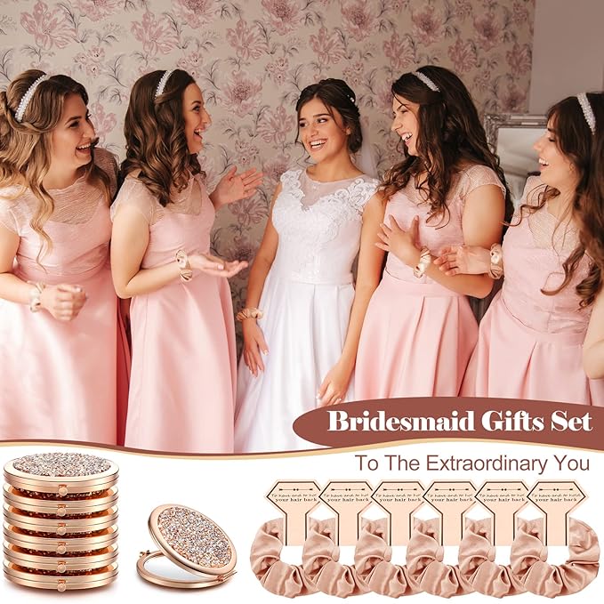 Chunful 6 Sets Bridesmaid Gifts for Women Include Rose Gold Compact Makeup Mirror with Satin Hair Ties Scrunchies Rhinestone Pocket Mirror for Bridal Shower Favors Bachelorette Party Gifts